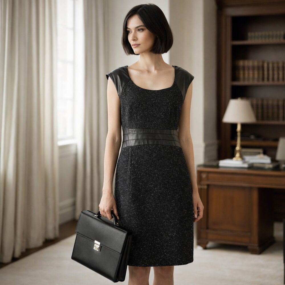 Midnight Velvet Alexa Faux Leather & Tweed Shift Dress (14) Edgy Office